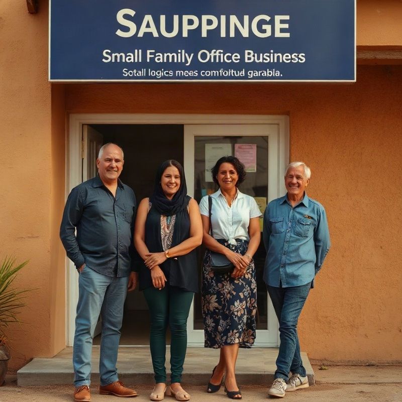 The Villagegrovev family team of four standing outside their Garissa office in warm afternoon light