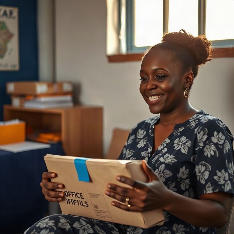 A businesswoman reviewing a delivered package of office supplies in her Garissa office