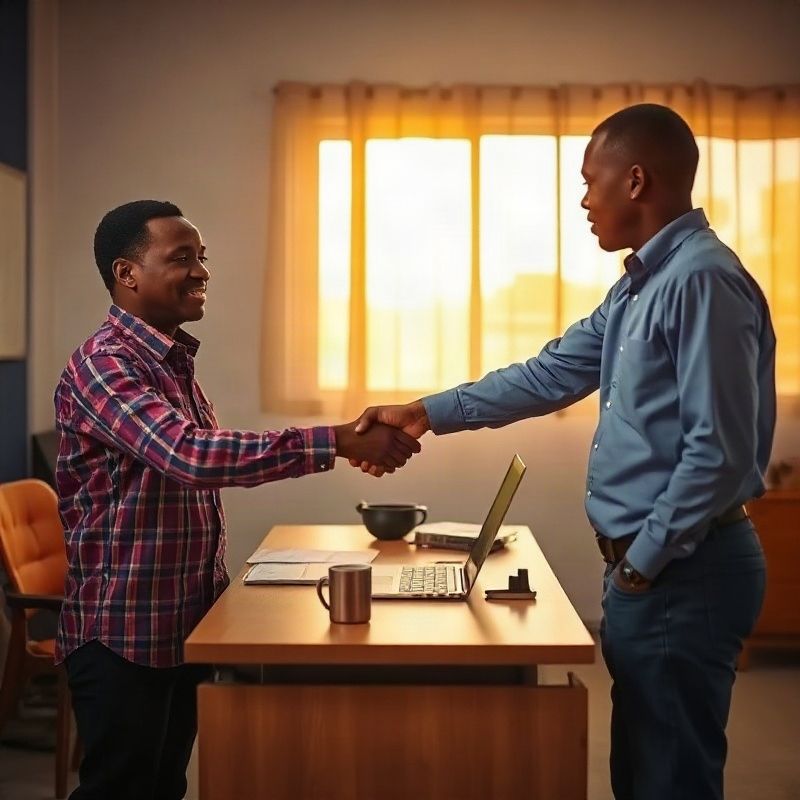 A handshake across a desk in the Villagegrovev Garissa office in warm afternoon light